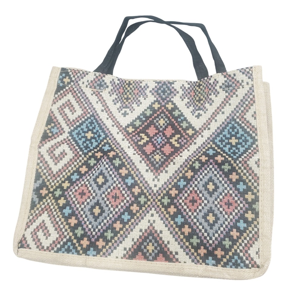 Woven Tote Bag Ethnic Geometric Pattern Shopping Bag‎ with Zipper Pocket